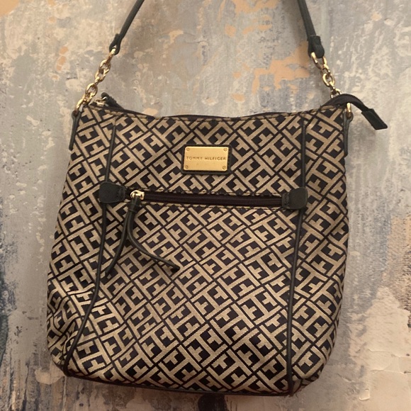 Tommy Hilfiger Handbags - Tommy  Hilfiger Navy Blue / Beige Embossed Allover Monogram  Shoulder Bag